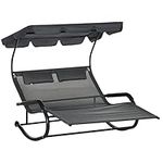 Outsunny Patio Outdoor Bed, Outdoor Chaise Sun Lounger for Two Person with Adjustable Canopy, Detachable Pillows, and Wheels for Sun Room, Garden, Poolside, Dark Gray