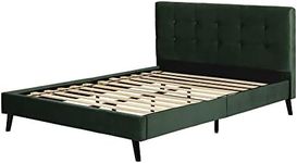 South Shore Furniture Maliza Queen Upholstered Complete Platform Bed Dark Green, Mid-Century Glam