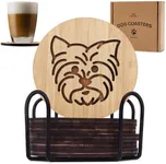 Set of 6 Bamboo Coasters with Holder - 3.9" Fun Dog Coasters - Non-Stick Absorbent Engraved Laser-Cut Coasters with Dog Face - Durable, Washable - Designed in U.S.A. (Yorkie)