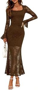GERT COREL Elegant Women's 2025 Bell Long Sleeve Lace Maxi Dress Sexy Square Neck Fall Bodycon Mesh Wedding Guest Cocktail (US, Alpha, Medium, Regular, Tall, Brown)