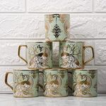 Femora Premium Peacock Motif with Leaves Pattern Ceramic Coffee & Tea Cup Set of 6, 180 ML, Golden