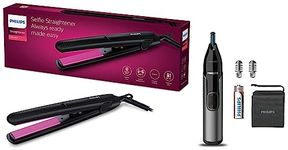 PHILIPS Hp8302 Selfie Straightener,Black&Philips Nose Trimmer Nt3650/16,Cordless Nose,Ear&Eyebrow Trimmer (Gray), Unisex