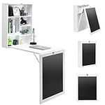 IFANNY Folding Wall Desk, Wall Mounted Fold Out Desk with Storage Shelves & Hooks, Hideaway Desk Wall Mount with Chalkboard, Floating Corner Desk for Small Spaces (White)