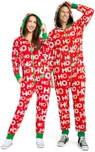 Tipsy Elves Christmas Onesies for Adults - Comfy Unisex Matching Holiday Jumpsuits with Convenient Pockets - Cozy Red Hohoho Christmas Jumpsuit For Men and Women Size Large