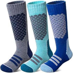 AMENLAN Kids Merino Wool Ski Socks Boys Girls Thick Winter Warm Thermal Hiking Snowboarding Knee high Socks 3 Pairs (Grey Blue,13-15 Years)
