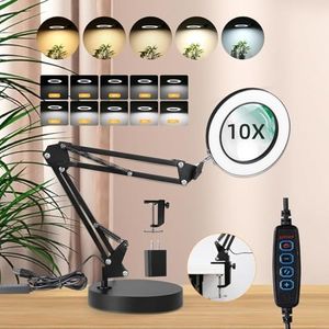 SILAMPDI Magnifying Glass with Light and Stand 12W Magnifiers for Craft Work, 10x Magnifying Glass, 3000k-6500K Color Temperature, Adjustable Brightness, Table Clamp Fixation, Embroidery, Beauty