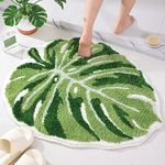 Panstar Large Monstera Leaf Bath Mat, Non Slip Green Plant Bathroom Rug, Absorbent Cute Palm Shaped Bathtub Rug Bathroom Plush Shower Rugs (32"X26")