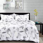 Nanko King Duvet Cover Set 3 Piece - 104x90 Luxury Microfiber Gray Grey and White Floral Flowers Comforter Cover with Zipper Closure, Ties - Best for Men and Women, Leaf