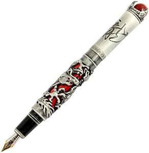 Gullor JinHao stylo plume sculpté en forme de dragon antique en argent avec perle rouge, bout moyen, noir et rouge