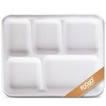 FOOGO Green 50pcs Large Disposable Plates with compartments, 10x8 inch 5 Compartment Plates, Sugarcane Bagasse Paper Trays, Divided Plates for Hot Food, Portion Control Plates