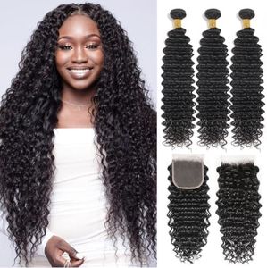 Human Hair Deep Wave Bundles with Lace Closure (26 28 30+22 Closure) 3 Curly Bundles and Closure Free Part 100% Unprocessed Remy Hair 4x4 Lace Closure with Baby Hair Natural Color Pre Plucked