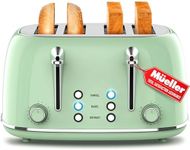 Mueller Retro Toaster 4 Slice with Extra Wide Slots Bagel, Defrost, and Cancel Function, 6 Browning Levels, Dual Independent Controls, Removable Crumb Tray and High Lift Levers, Sage Green