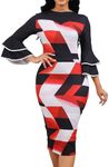 Red and White Church Dresses for Women Sexy Crewneck 3/4 Ruffles Sleeve Knee Pencil Afican Print Split Dress Party Night with Zipper
