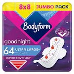 Bodyform Ultra Goodnight Sanitary Towels with Wings, 64 (8 x 8 Packs) Period Pads for Night use, SecureFit Leakage Protection, Ultra-Breathable Top Layer