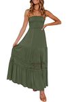 ZESICA Women's 2024 Summer Bohemian Strapless Off Shoulder Lace Trim Backless Flowy A Line Beach Long Maxi Dress, Armygreen, M