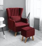 PHIRKCRAFT Solid Wood Wing Chair for Living Room, Arm Chair with Ottoman/Footrest for Bedroom, Velvet Accent Chair with Pouffes, High Back Occasional Tub Chairs with Foot Stool, Maroon