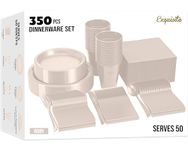 350 Pcs Plastic Dinnerware Set Includes: 50 9" Ivory Plastic Dinner Plates | 50 7" Plastic Appetizer Plates | 50 Plastic Cups | 50 Paper Napkins | 50 Plastic Cutlery Spoons Forks & Knives Exquisite