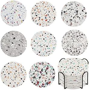 Juego de 8 Posavasos con Soporte, Hermosos Posavasos de cerámica Redondos absorbentes de Estilo mármol con Base de Corcho para Mesa de café, Taza, Cerveza, Botella de Copa de Vino, hogar y Bar