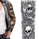 Tatodays temporary tattoo full arm skulls roses gothic stick on body art transfer for women and men cosplay fancy dress biker rocker halloween adult temp tattoo for arms