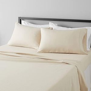 Amazon Basics Lightweight Super Soft Easy Care Microfiber 4-Piece Bed Sheet Set with 14-Inch Deep Pockets, Double / Full, Beige, Solid