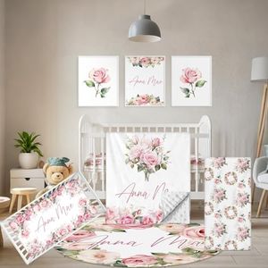 Terwex Custom Crib Bedding Set - 5 Pcs Personalized Name Pink Flowers Baby Crib Set for Infant Toddler Girl - Comfortable Double Layer Nursery Bedding Set - Customized Present for Birthday Baby Shower