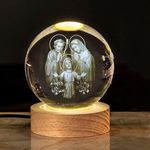 Glowing Crystal Ball Night Light 3D Engraved Holy Family Figurine Statue with Wooden Stand Color Changing Light Glass Globe Religious Collection Christian Catholic Church Home Decor Gift