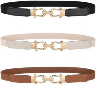 JASGOOD Women Skinny Elastic Belt for Dresses,Thin Retro Stretch Waist Belt with Golden Buckle 3 Pack,Black+Brown+Beige