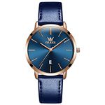 OLEVS Women Wrist Watches Ultra Thin 6.5mm Minimalist Business Dress Waterproof Date Blue Leather Blue Face Strap Slim Watches for Women