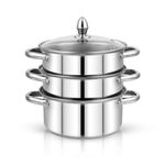 Pigeon Elantra Triply Stainless Steel 3 Tier Steamer Pot Set with Glass Lid | Pasta Steamer Momo/Modak Maker | Vegetable Steamer | Rice Steamer (22cm)