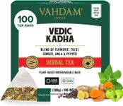 VAHDAM, Vedic Kadha Herbal Tea Bags (100 Ct) Caffeine Free, 100% Real Ingredients - Turmeric, Black Pepper, Amla, Tulsi, Ginger, Cloves | Pure Herbal Tisane - Earthy, Savory | Resealable Ziplock Pouch