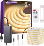 HitLights COB LED Strip Lights Kit Warm White with Remote & 24V Power Supply,16.4ft Dimmable Tape Light 3000K, 2560LEDs, 350+LM/FT, UL Listed, Flexible Rope Lights for Bedroom Kitchen Cabinet Lighting