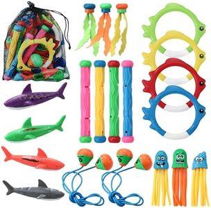 HAOYULUO 32 Piezas Juguetes de Buceo en Piscina, Paquets de Juguete de Buceo para Niños Que Incluye Palos de Buceo, Puerta de Buceo, Tiburones, Algas, GTemas, Anillos de Buceo y más