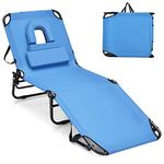 GYMAX Tanning Chair, 350lbs Beach Lounge Chair with Face Hole, Detachable Washable Pillow & Carry Strap, Adjustable Folding Chaise Lounge, Layout Chair for Outside, Patio, Poolside, Lawn (1, Blue)