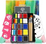 Bowitzki 15 Colors x 10gm Professional Face Painting Kit For Kids Adults Face Body paint Set with Stencil One Stroke Split Cakes Palette Non Toxic Rainbow Flora Dolphin Unicorn Flame Paint