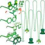 Qpout 12 Pieces St. Patrick’s Day Accessories Set, 6pcs Shamrock Hat Necklace, 6pcs St. Patrick’s Day Paper Eyeglasses Frames, for Kids Women Men St. Patrick’s Day Party Favor Costume Decoration