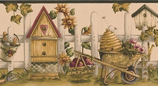 Vintage Birdhouses Sunflowers Gardening Tools Picket Fence Coconut White Wallpaper Border Retro Design, Roll 15' x 7''