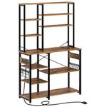 Rolanstar Baker's Rack, 10-Tier Kitchen Utility Storage Shelf with 15 Hooks, Large Kitchen Rack with Power Outlet, Microwave Oven Stand, Stable Coffee Bar, Rustic Brown