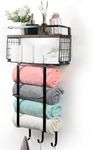 Behaesty Towel Racks for Bathroom, Wall Towel Holder for Rolled Towels with Wooden Shelf & 3 Hooks, Bathroom Towel Storage for Large Towels, Small Towels, Hand Towels, Bath Organizer Decor