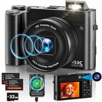 4K Digital Camera, 64MP Autofocus Vlogging Camera with 32G Card, 2.8'' IPS Screen Video Camera 16X Digital Zoom, Compact Digital Camera with Battery Charger & 2 Batteries for Teens Beginners Adults
