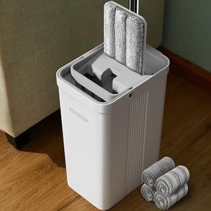 JOYMOOP Mop and Bucket with Wringer Set, White Flat Squeeze Mop Bucket Set for Floor Cleaning, Wet Dry Mop for Wall Cleaner with Long Handle, Hardwood Floor Mop with 4 Microfiber Cloths