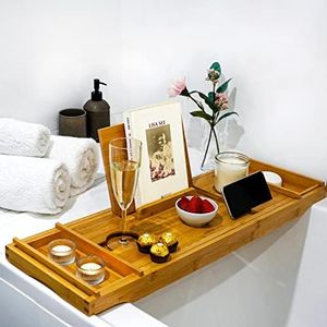 Luxury Bath Caddy Tray for Bathtub with Tablet Holder - Birthday Gifts for Women, Wife, Mum, Her - Bath Products for Women - Bamboo Bathtub Caddy & Adjustable Bath Table Tray