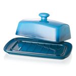 Large Porcelain Butter Dish with Lid, Candiicap Classic Color Changing Butter Keeper for Countertop, Large Butter Holder for Butter Storage & Home Kitchen Decor, Dishwasher Safe (Navy Blue)