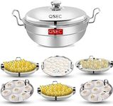 QSEC Triply bottom Idli maker Stainless Steel 4-in-1 Induction base Multi utility Kadai Idli Cooker All-in-One Big Size dhokla Cooker | 6 Plate 2 Idli | 1 mini idli 2 Dhokla 1 Patra Momo Steamer