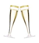 BloominGoods 50 Plastic Gold Glitter Champagne Flutes | 7 oz. Clear Hard Disposable Party & Wedding Glass | Premium Heavy Duty Fancy Cup (50-Pack)