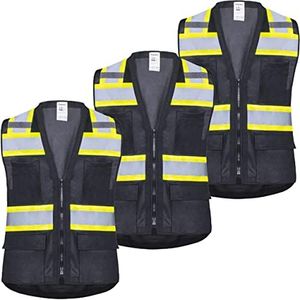 ProtectX 3-Pack Hi-Visibility All Solid Fabric Safety Vest with 6 Pockets, Lightweight, Zip Closure, Reflective Tape, Premium Fluorescent Fabric, ANSI/ISEA Certified, Black – Large