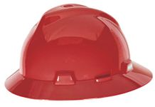 MSA 10058324 V-Gard Full-Brim Hard Hat With 1-Touch Suspension | Polyethylene Shell, Superior Impact Protection, Self Adjusting Crown Straps - Standard Size in Red