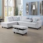 UBGO Living Room Furniture, 3-Piece Sectional Set with 2 Cup Holder,L-Shape Chaise Lounge & Storage Ottoman,Sofas & Couches for Small Space Apartments-Grey White (Left Hand Facing)