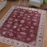 Adiva Rugs Machine Washable 6 Round Area Rug with Non Slip Backing for Living Room, Bedroom, Bathroom, Kitchen, Printed Vintage Home Decor, Floor Decoration Carpet Mat (Burgundy, 6' Round)