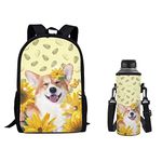 Coloraniaml Welsh Corgi Dog Schoolbag Sets 2 Pcs,Corgi Dog Backpack with Sunflower for Kids Children，2 In1，Water Bottle Carrier Pouch for Teens Boy Girl