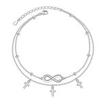 DAOCHONG Infinity Cross Anklet Sterling Silver Adjustable Beaded Tiny Cross Charm Multilayer Layered Foot Ankle Bracelet Beach Jewelry Anklets Birthday Gifts for Women